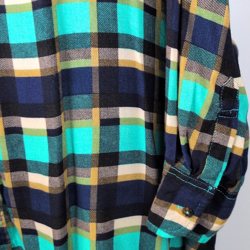 Umgee Women 1XL Tunic Shirt Teal Navy Plaid Oversized Patch High Low WA9865 - Picture 5 of 12